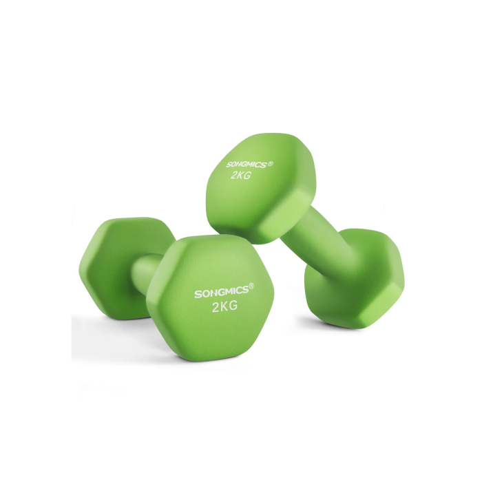 SONGMICS Hanteln, 2er Set, 2 x 2 kg, Hantelset, Kurzhanteln, Hexagon, Neopren-Beschichtung, Krafttraining, Workout, Fitnesstraining, für Zuhause, grün