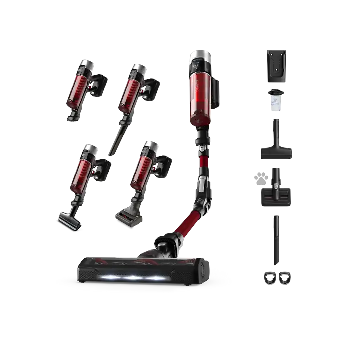 Aspirador escoba - Rowenta RH2079 X-Force Flex 9.60 Animal Care, 200 W, 0.4 L, 45 min, Tecno.Ciclónica, 3 modos, Ultraligera, Especial Mascotas, Roja